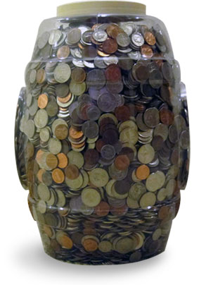 A photograph of my pretzel jar full of coins